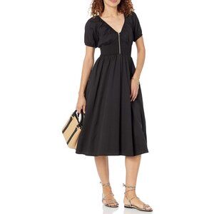Black Midi Puff Sleeve Dress With Zipper Front & Smocked Waist